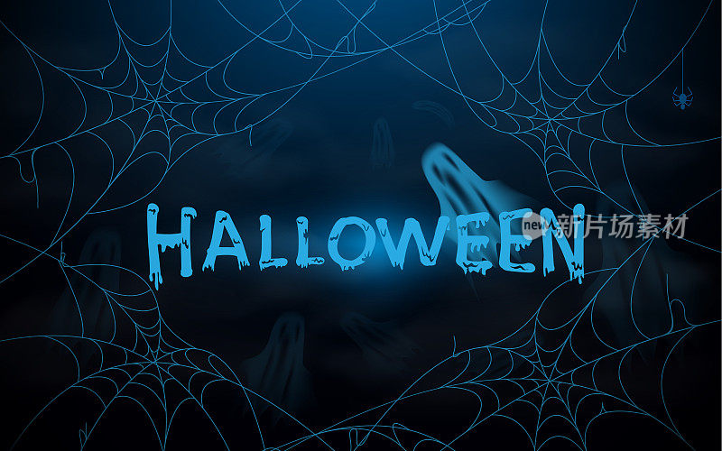 Halloween. Vector illustration with blue spider web and ghosts. Spooky night background